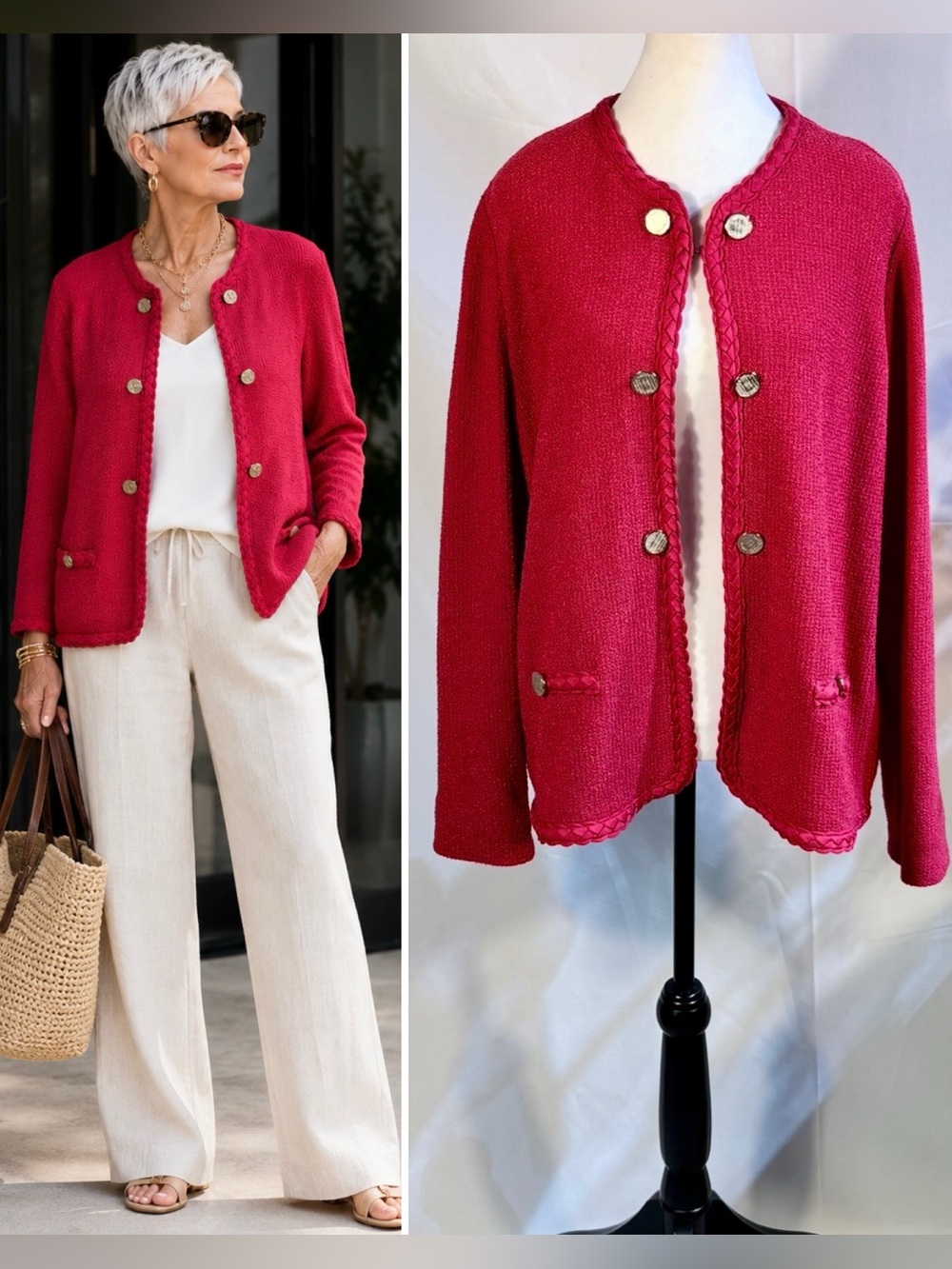 Misook Red/Pink Textured Knit Jacket Braid Trim Novelty Buttons Hook Front~L💚